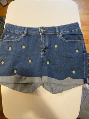 Faded Glory Blue Denim Shorts with Pineapple Embroidery